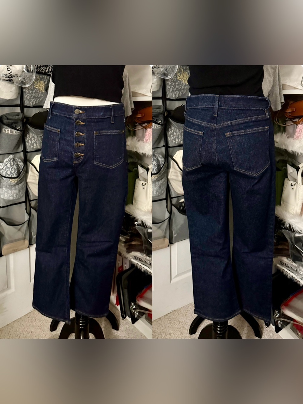 🍒Pre-Loved Dark Blue Women's High-Waist Button-Fly inseam 25.5 inch flare 9cm